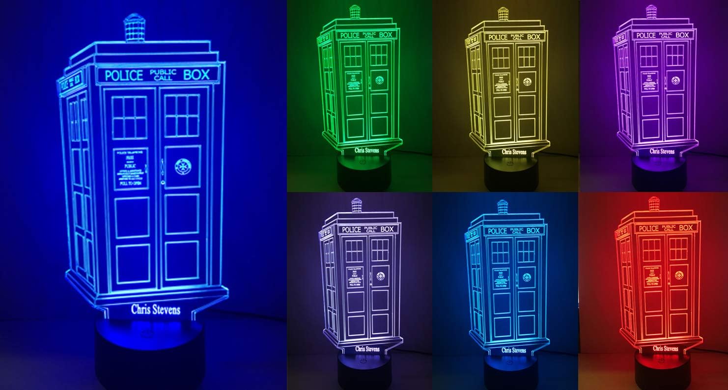 Remote Controlled Personalised Tardis Design Colour Changing 3D Optical Illusion Night Light Complete with Light Base & Cable