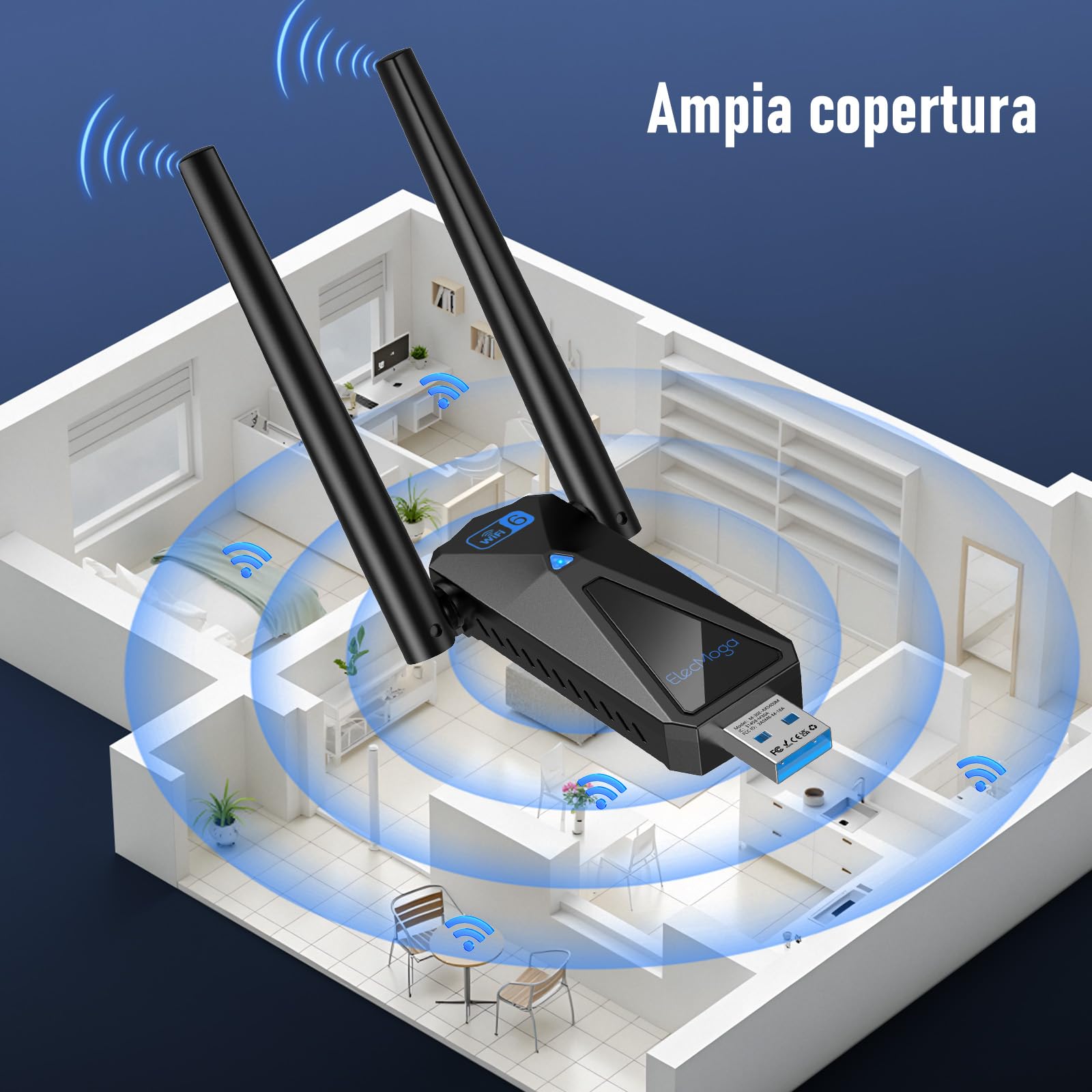 ElecMoga Chiavetta WiFi AX5400 USB Dual Band Adattatore USB WiFi 6, Antenna Dual 2dBi, 5400Mbps, Plug & Play per Windows 10/11, Desktop PC Fisso, Chiavetta WiFi USB 5GHz/2.4GHz/6GHz