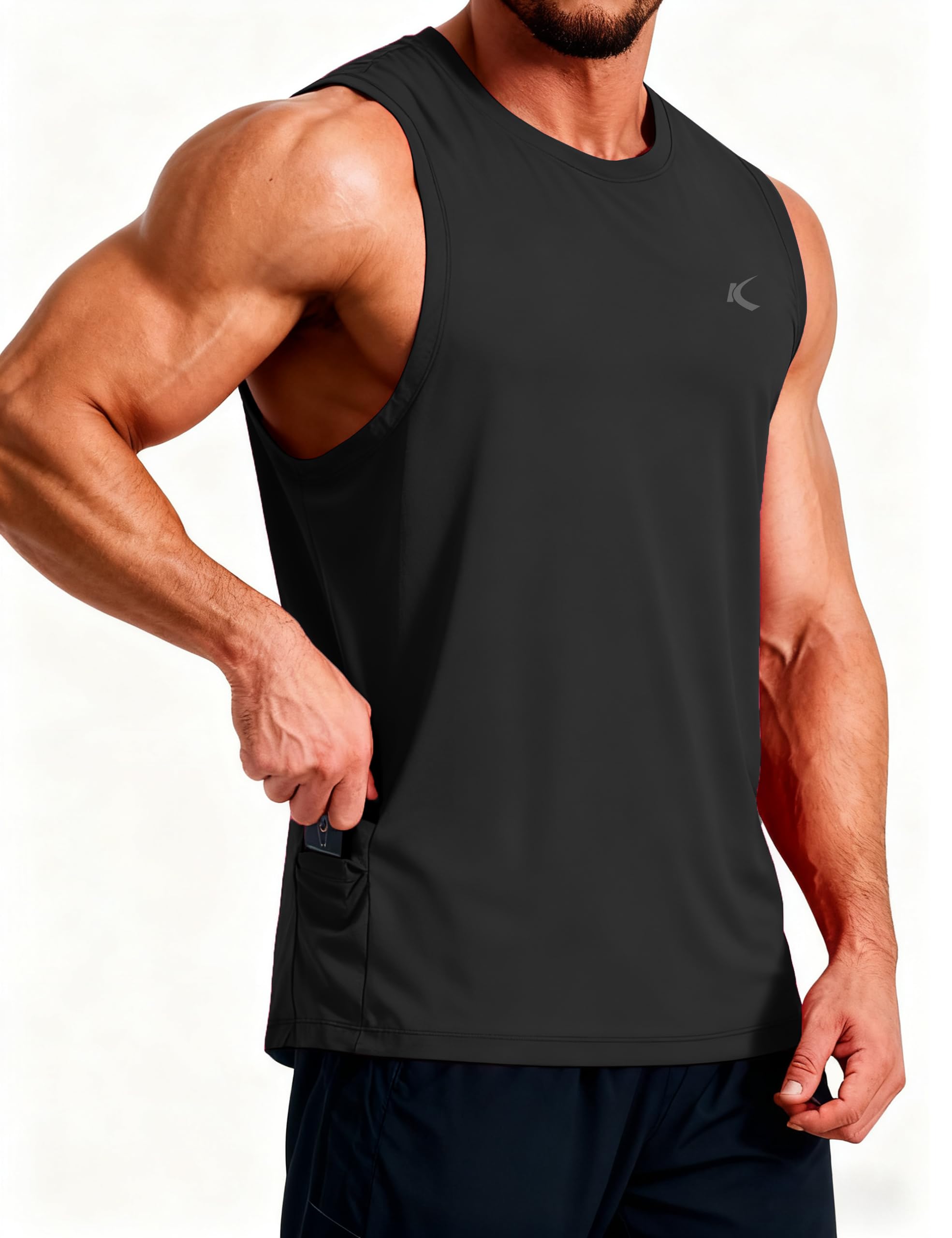 KPSUN Men's Quick Dry Workout Tank Tops Sleeveless Gym Muscle Shirts Fitness Running Athletic Swim Shirt with Side Pocket