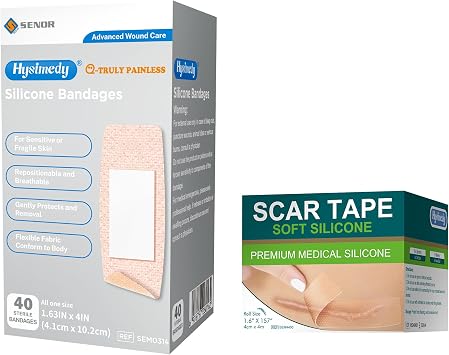 Silicone Bandages Large Size for Sensitive Fragile Skin - 1.63" x 4" 40 Counts + Silicone Scar Tape 1.6" x 157" - 4M