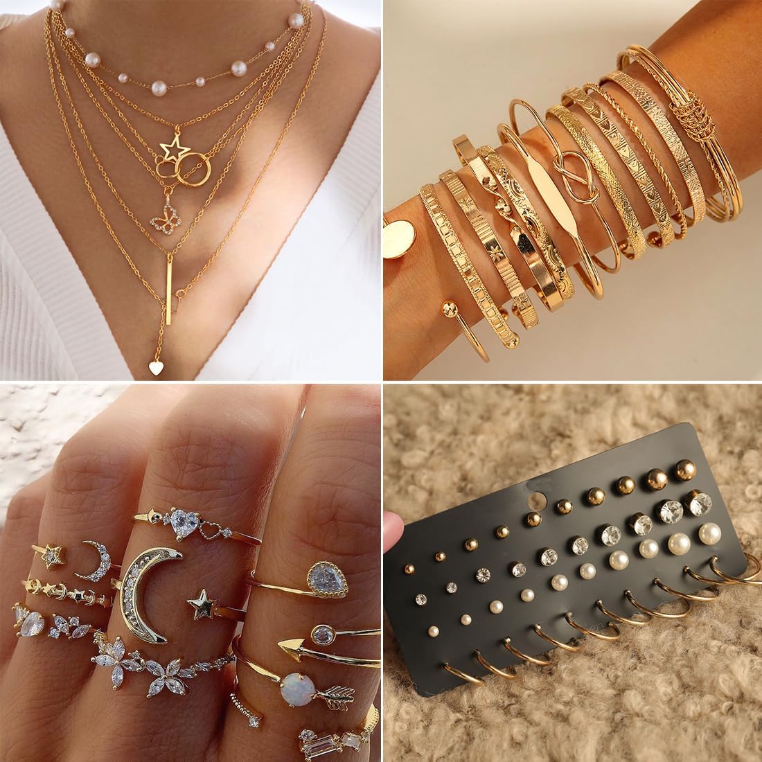 46Pcs Gold Jewelry Set for Women with 5 Necklace, 12 Bracelet, 5 Hoop Earrings, 15 Stud Earrings and 9 Rings Jewelry Set For Gifts for Women. - Image 3