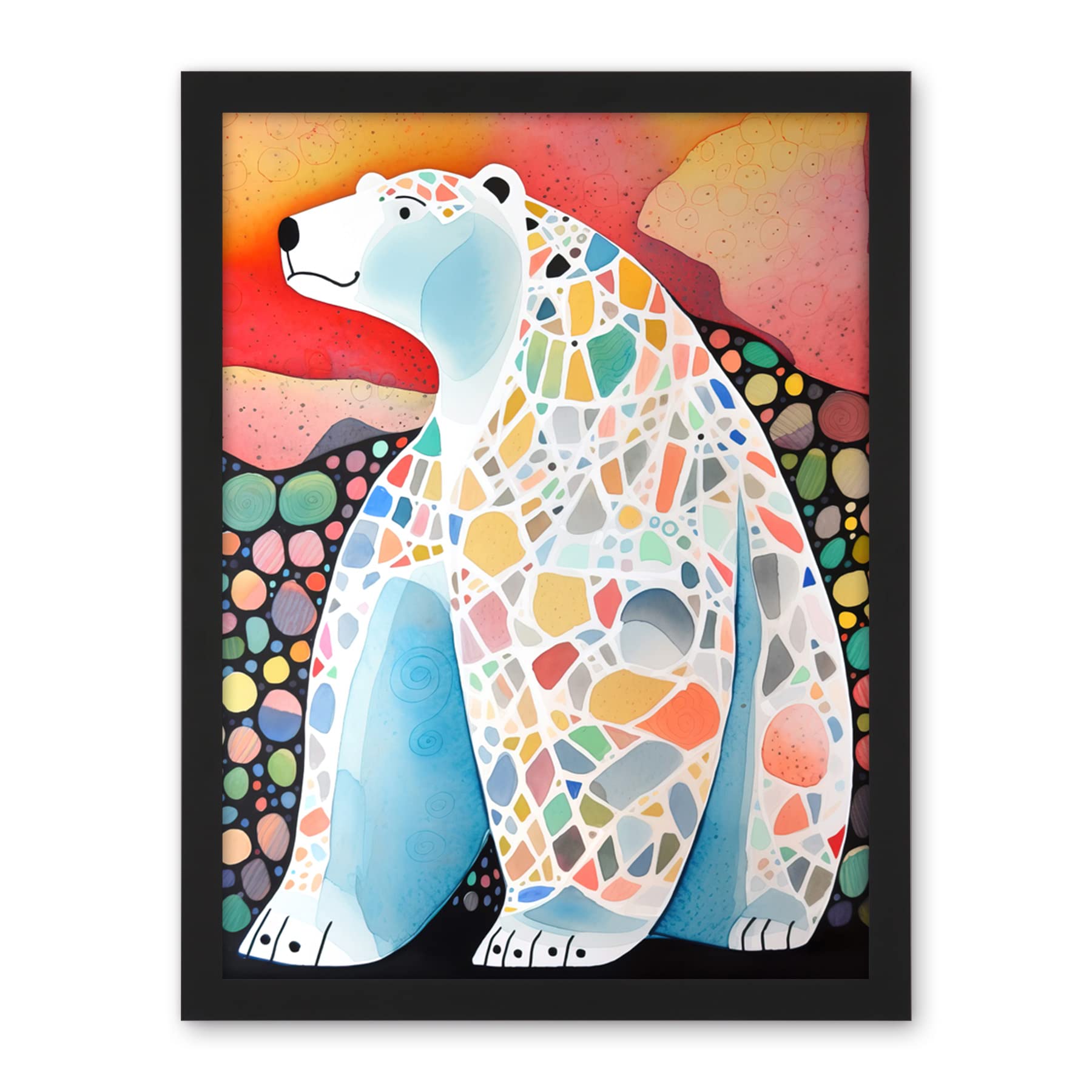 Artery8 Polar Bear With Mosaic Pattern Folk Art Artwork Framed Wall Art Print 18X24 Inch