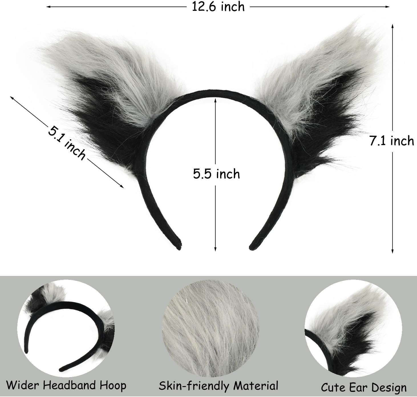 Halloween Costume Raccoon Set, Black and White Furry Ears Headband, Tail with Eye Mask, 3-Piece Dress Up Accessories - Image 2