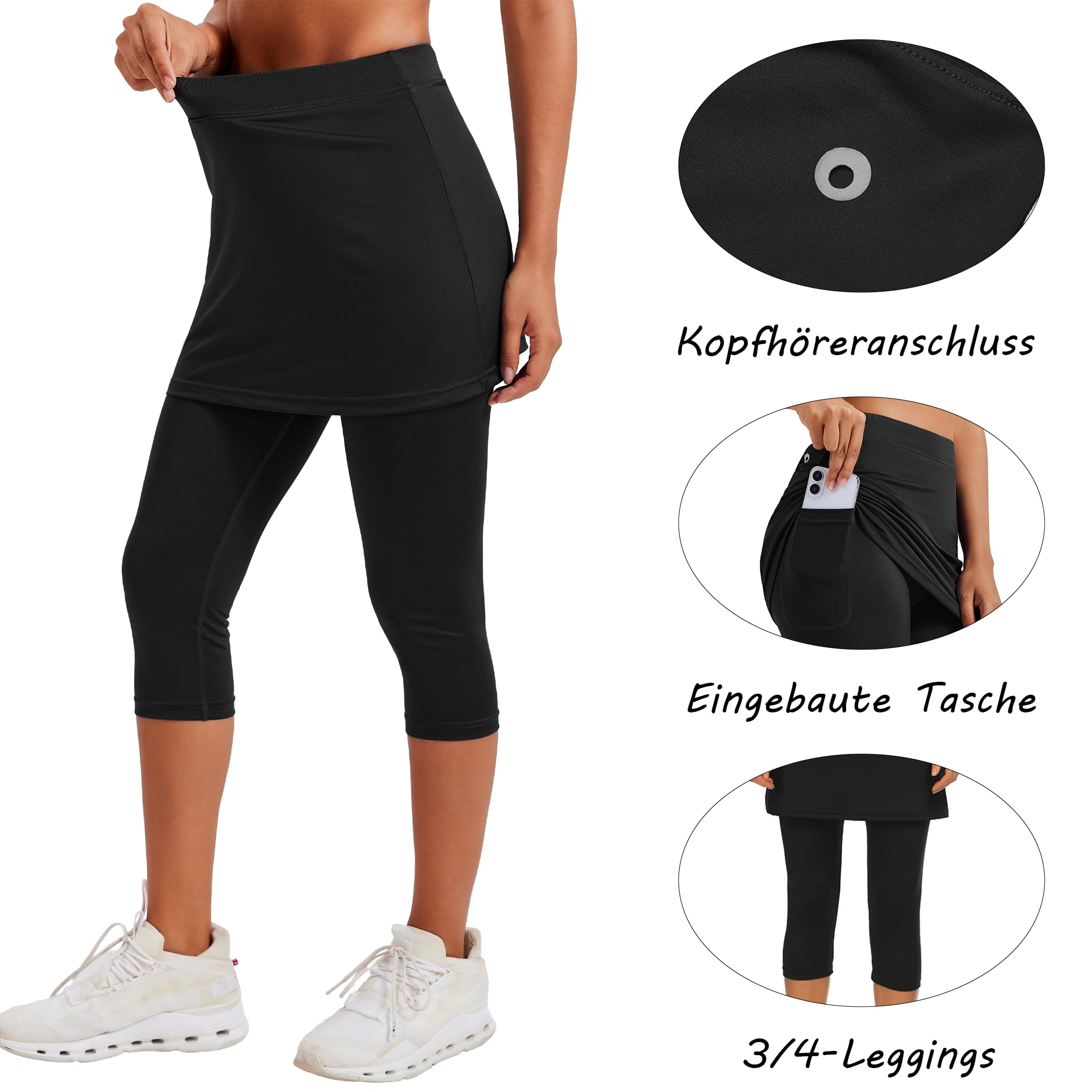 PINSPARK Falda de Tenis para Mujer, de Cintura Alta, con Pantalones Cortos hasta la Rodilla, pantalón Corto 2 en 1 para Correr, Pantalones de Yoga 3/4 con Bolsillos y Puerto para Auriculares