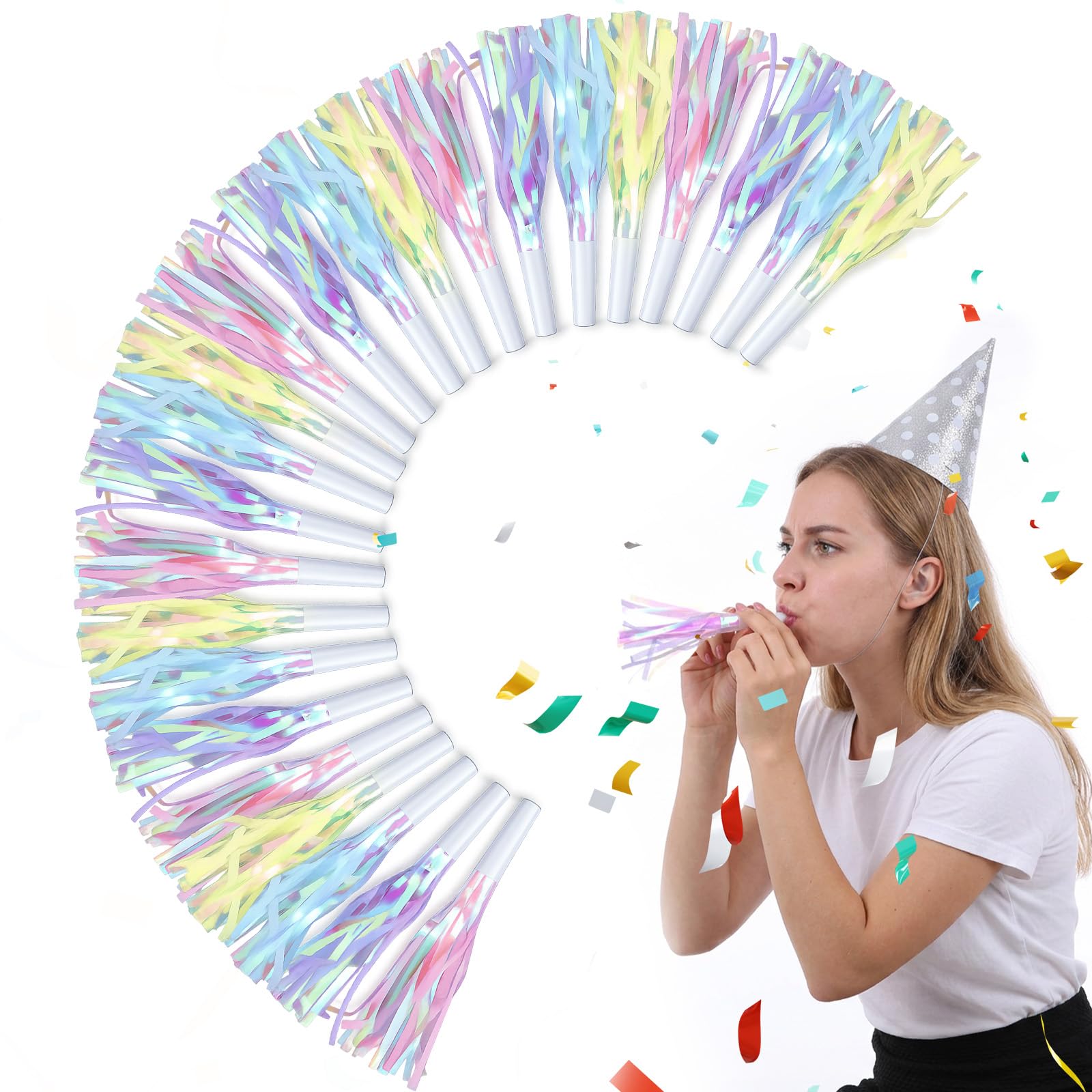 24 Pcs Party Blowers, Colorful Noisemakers Blowouts Horns Glitter Noise Makers Metallic Fringed Party Horns for Adults Graduation Birthday Favors Supplies (Pink, Purple, Blue, White)