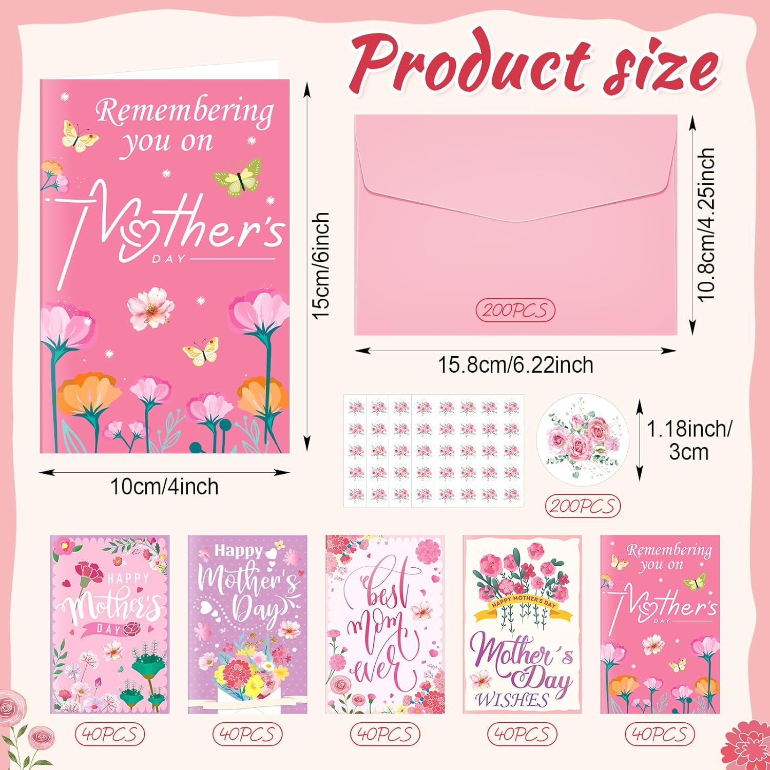 Eaasty 200 Pack Mother's Day Greeting Cards Bulk with Pink Envelopes and Stickers, Blank Inside Mother's Day Cards for Mom, Church, Birthday and Florist Supplies
