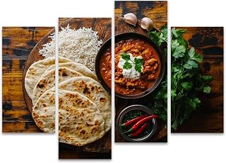 Chicken tikka masala spicy curry meat rice bread Canvas Prints Wall Decor 4 Pieces Contemporary Framed Artworks for Living Room Bedroom Bathroom Office Home Decoration Gifts