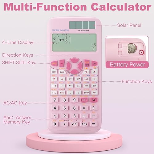 Miniatura 3 de Calculadoras científicas, calculadoras solares Rudnia Pink con pantalla de 4 líneas, calculadora de 10+2 dígitos y 552 funciones, suministros