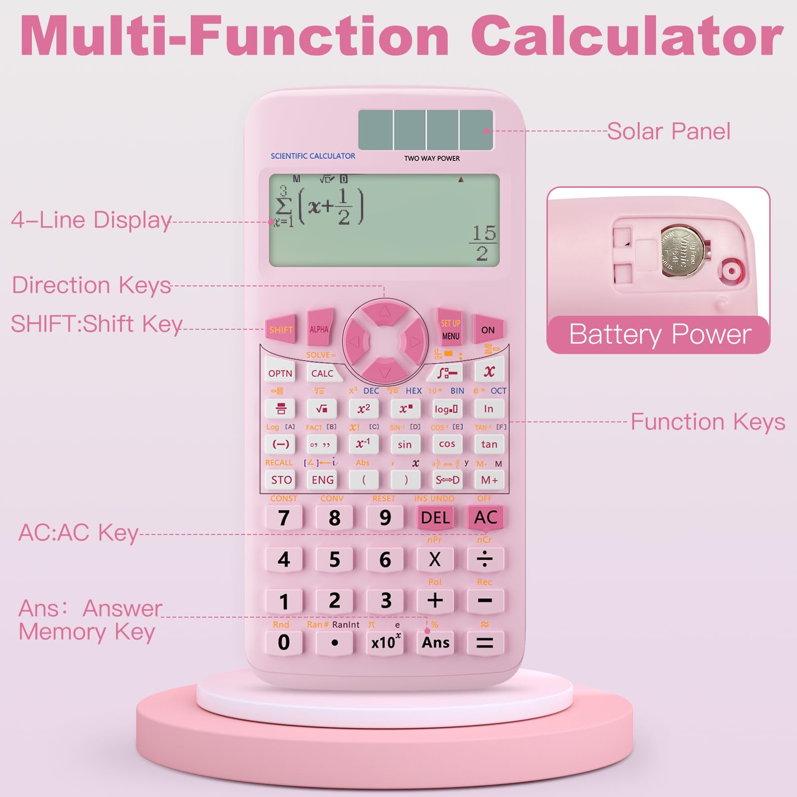 Calcolatrice scientifica, Rudnia rosa, calcolatrice solare con display a 4 righe, 10+2 cifre e 552 funzioni, ideale per studenti delle scuole medie e universitarie (rosa)