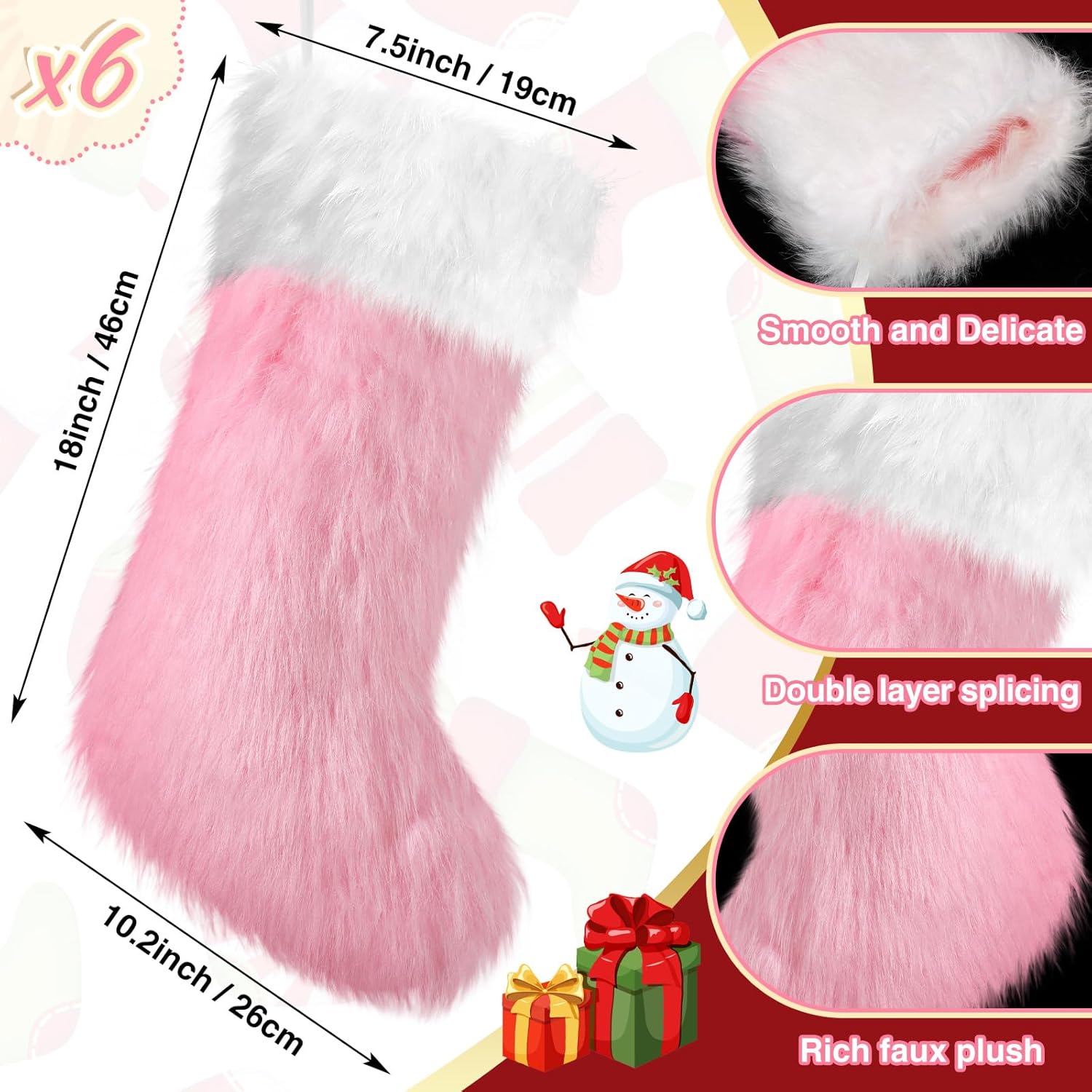 6Pcs Personalized Christmas Stockings with Name Tags 18 Inch Large Xmas Faux Fur Stockings Plush Fur Hanging Ornament 2026 Christmas Stockings for Christmas Home Decor(Pink)