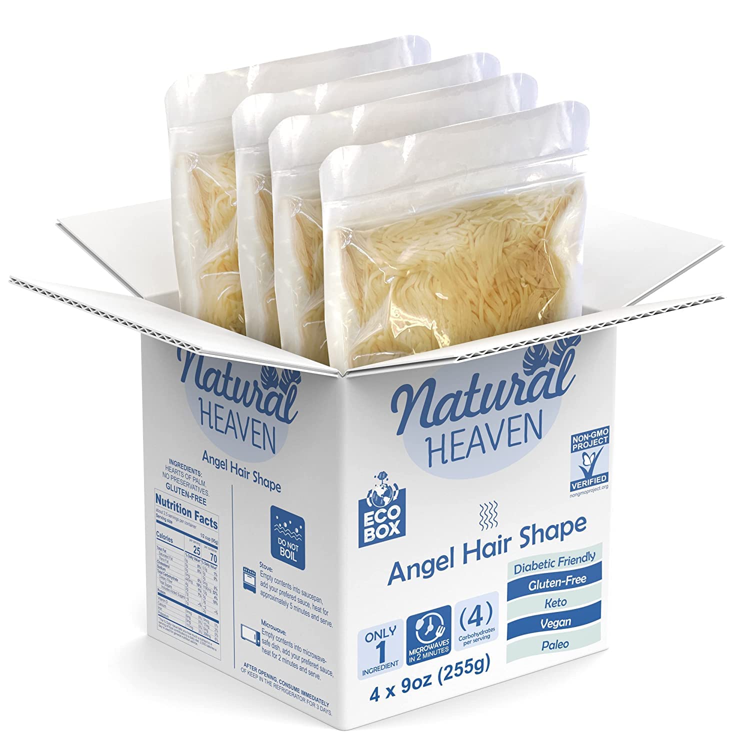ECOBOX Natural Heaven Hearts of Palm Angel Hair Pasta| Environmental friendly | Gluten-Free | 4g of Carbs | Keto | Paleo | Vegan - Vacuum Packed - (9oz - 4 Count)