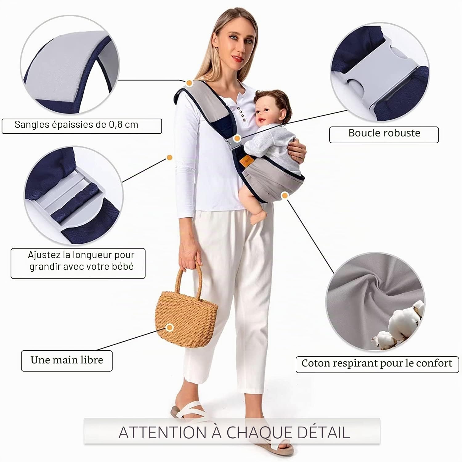 Porte-bébé Ergo Enveloppant RÉGLABLE - Écharpe de Portage Respirante pour Nouveau-nés, Bébés et Tout-petits jusqu'à 18 kg