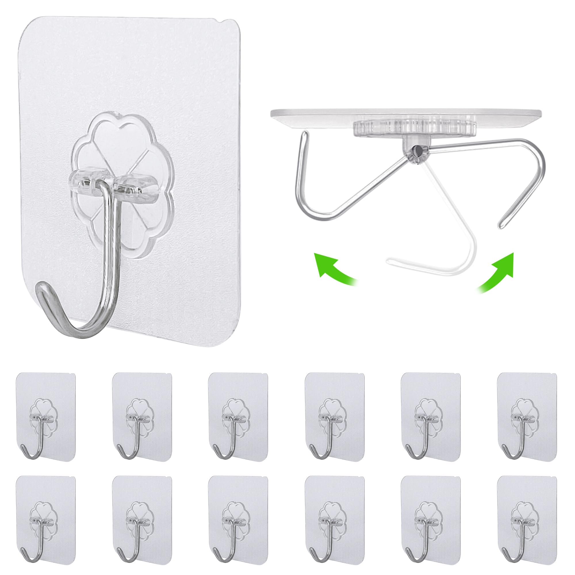 Relazoom 12 Pack Self Adhesive Hooks Heavy Duty, Transparent Sticky Wall Hooks, 15kg/33lb Max, Waterproof No Drill Hooks for Bathroom, Kitchen, Coat, Towel, Keys, Wreath, Christmas Lights