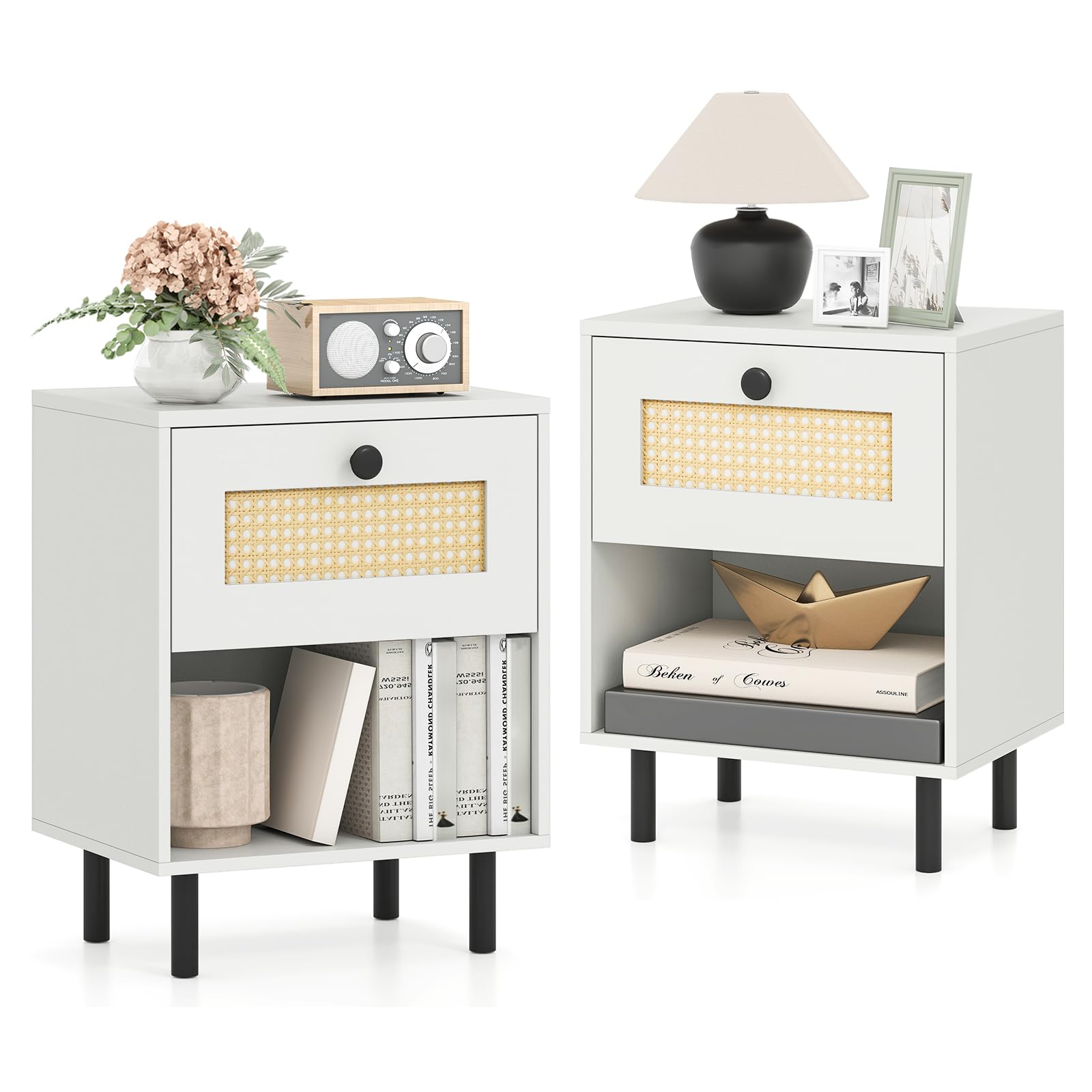COSTWAY Rattan Bedside Table, End Sofa Side Table with Drawer (2, White)