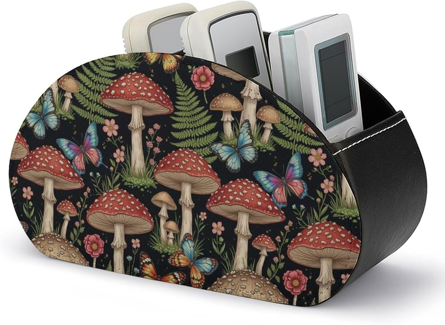 5-Compartment Remote Control Storage, PU Leather Caddy for Media Players, TV Remotes, and Desk Accessories, Mushroom Gifts
