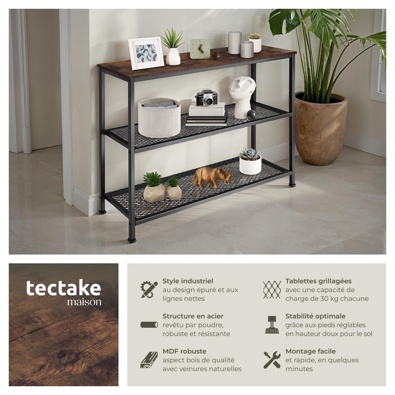 tectake® Console Meuble Bristol 100 x 30 x 81 cm, Style Industriel linéaire Cadre en Acier Robuste, Console Entree Meuble d'Entrée Couloir Salon Bureau, Décoration Maison, Couleur Bois Foncé