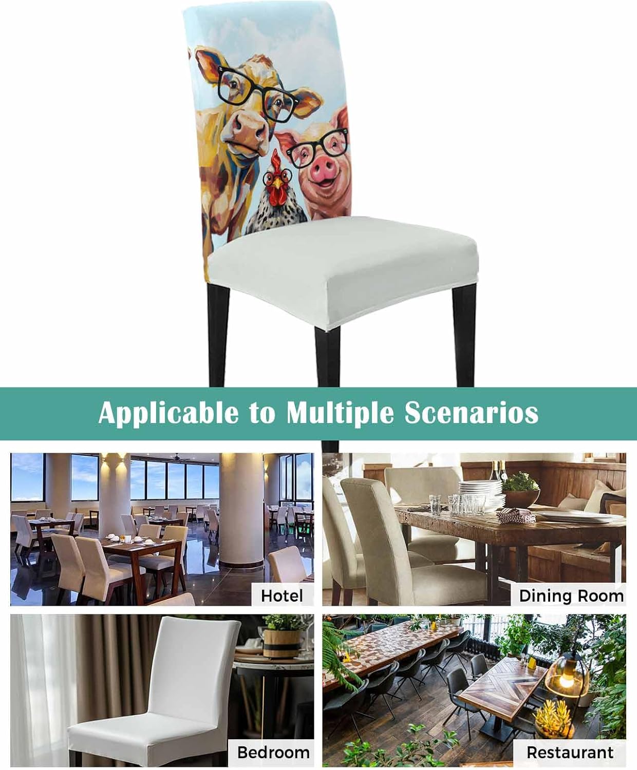 Savannan Chair Covers Set of 4, Farmhouse Pig Chickens Cows Removable Stretchable Parsons Chair Slipcovers Protector for Kitchen Dining Room, Pastoral Funny Animal