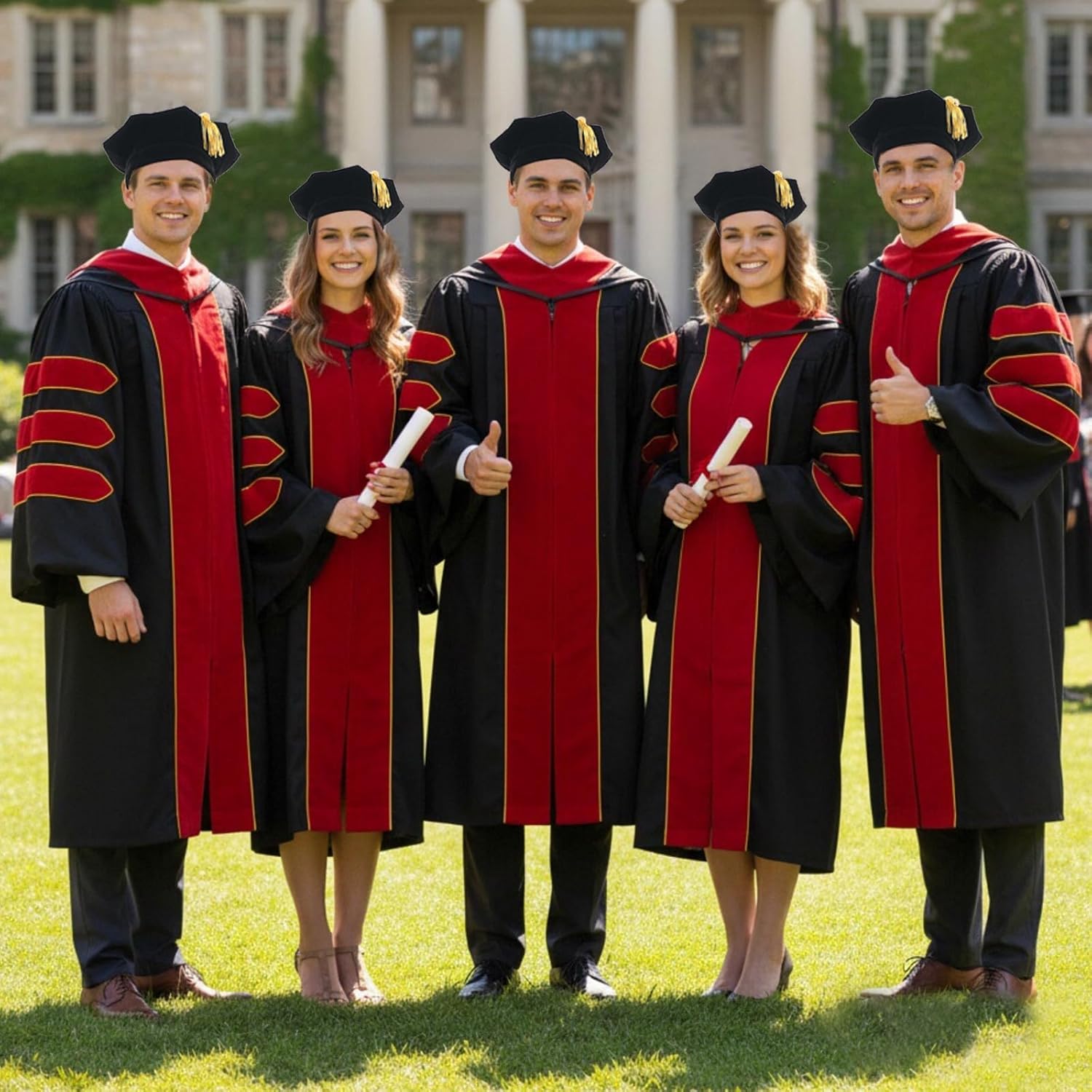 Unisex Deluxe Doctoral Graduation Gown Tam Hood with Gold Piping Doctoral Regalia