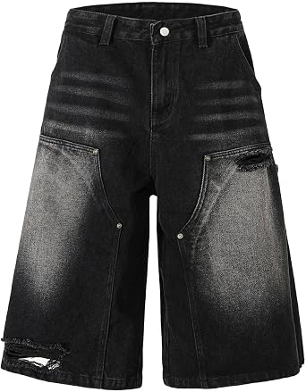 CUTEGAL Y2K Jorts Vintage Ripped Baggy Wide Leg Short Pants Grunge Streetwear Men Cropped Jeans Unisex Fashion Denim Shorts