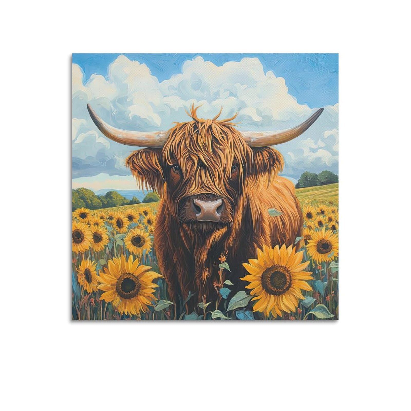ESTE Vintage Highland Cow Sunflower Artwork Poster Decorative Painting Canvas Modern Art Picture 24x24inch(60x60cm)