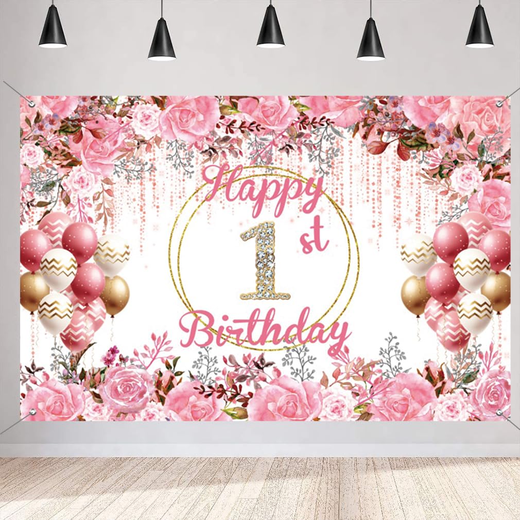 1st Birthday Decoration for Girls, 1 Year Old Banner Fabric Sign Poster, Happy 1st Birthday Party Background Banner Wall Door Decoration Pink Flower Welcome Sign, 150 cm x 90 cm
