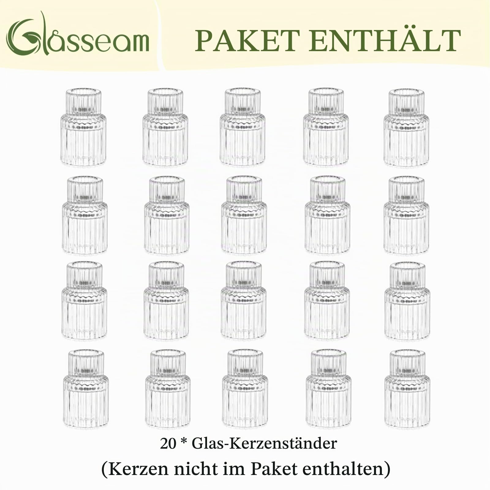Glasseam Gerippt Kerzenhalter Stabkerze: 20 Stück Klar Stabkerzenhalter | Beschwerter Breiter Boden, Klein Kerzenständer Glas, Für Esstisch, Haus, Wohnzimmer Dekoration