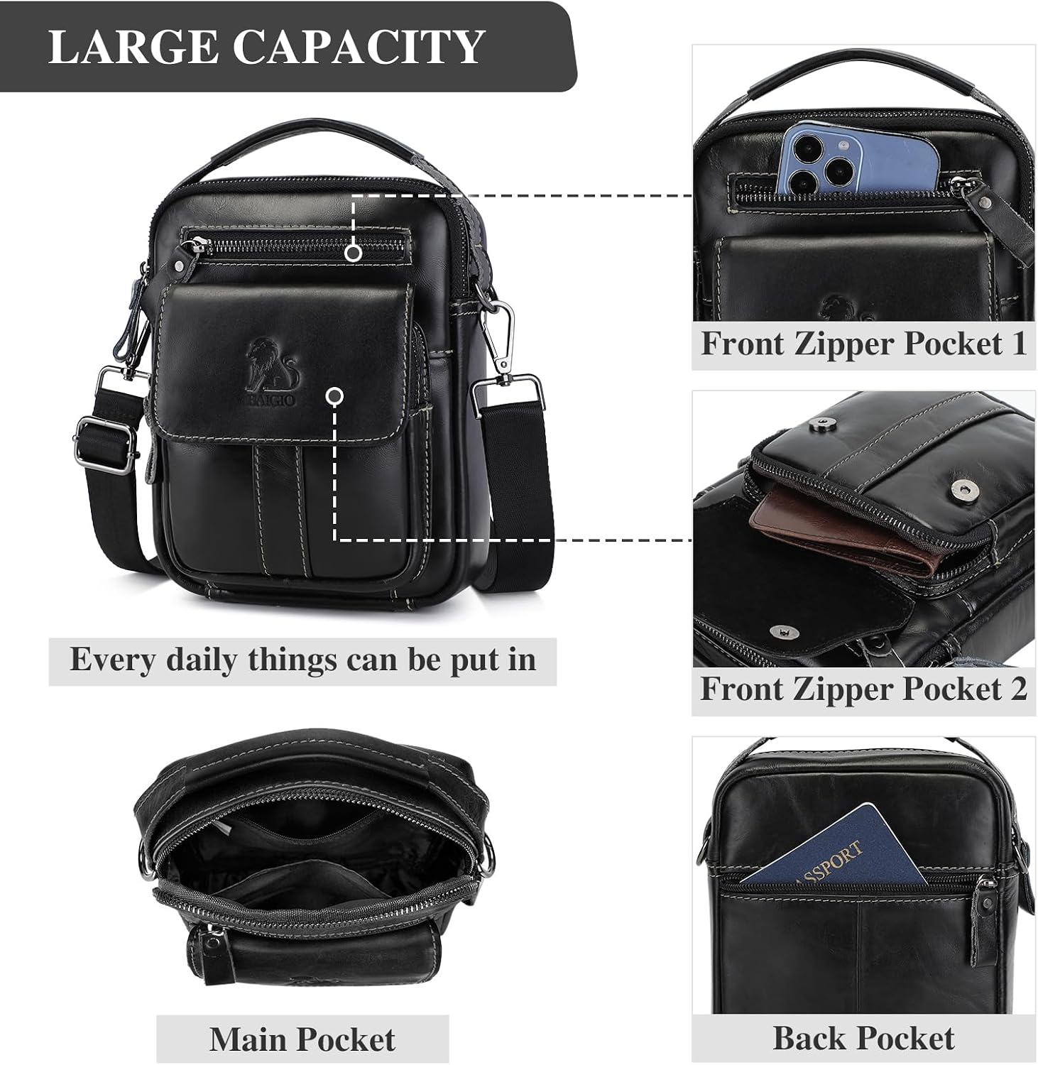 BAIGIO Genuine Leather Small Messenger Bag for Men Crossbody Shoulder Bag for Ipad MIni Handbag Man Purse for Daily Business | Genuine Leather