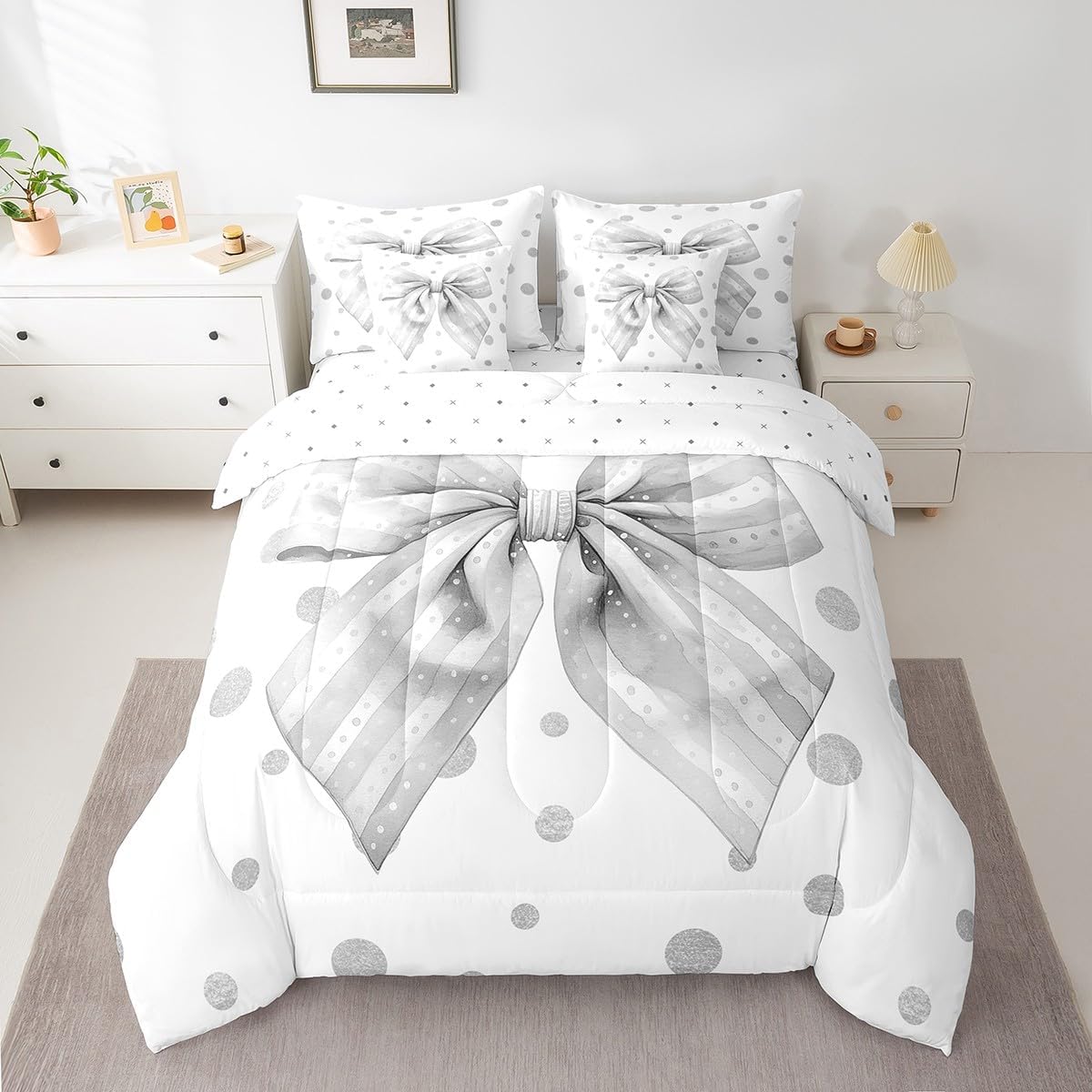 Feelyou Coquette Bows Bed Set Full Size Peach Blossom Bow 7 Pieces Bedding Set for Kids Blue Bowknot Bed Set Includes Comforter, Sheet Set, Pillowcases Women Men Teens Decor Dreamy Princess Style