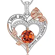 Rose Birthstone Heart Necklaces for Women S925 Sterling Silver I Love You Jewelry Gift for Women Birthday Wedding Anniversary, Mother’s Day Gifts for Mom, Mother, Wife, Girlfriend with Birthstone Pendent Necklace