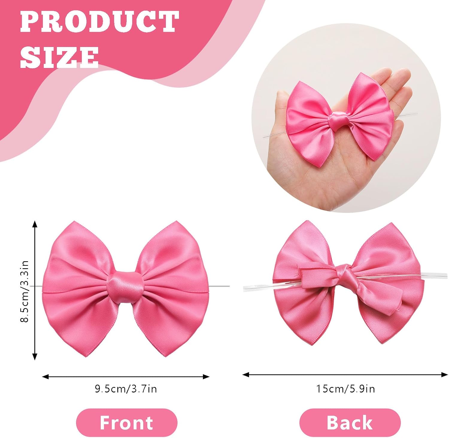 24 Pcs Satin Hot Pink Ribbon Twist Tie Bows for Treat Bags 3.5inches Pink Bows for Crafts Premade Bows Decorating Gifts Wrapping Bows for Pop Candy Apples Cake Bakery Wedding Party - Image 2