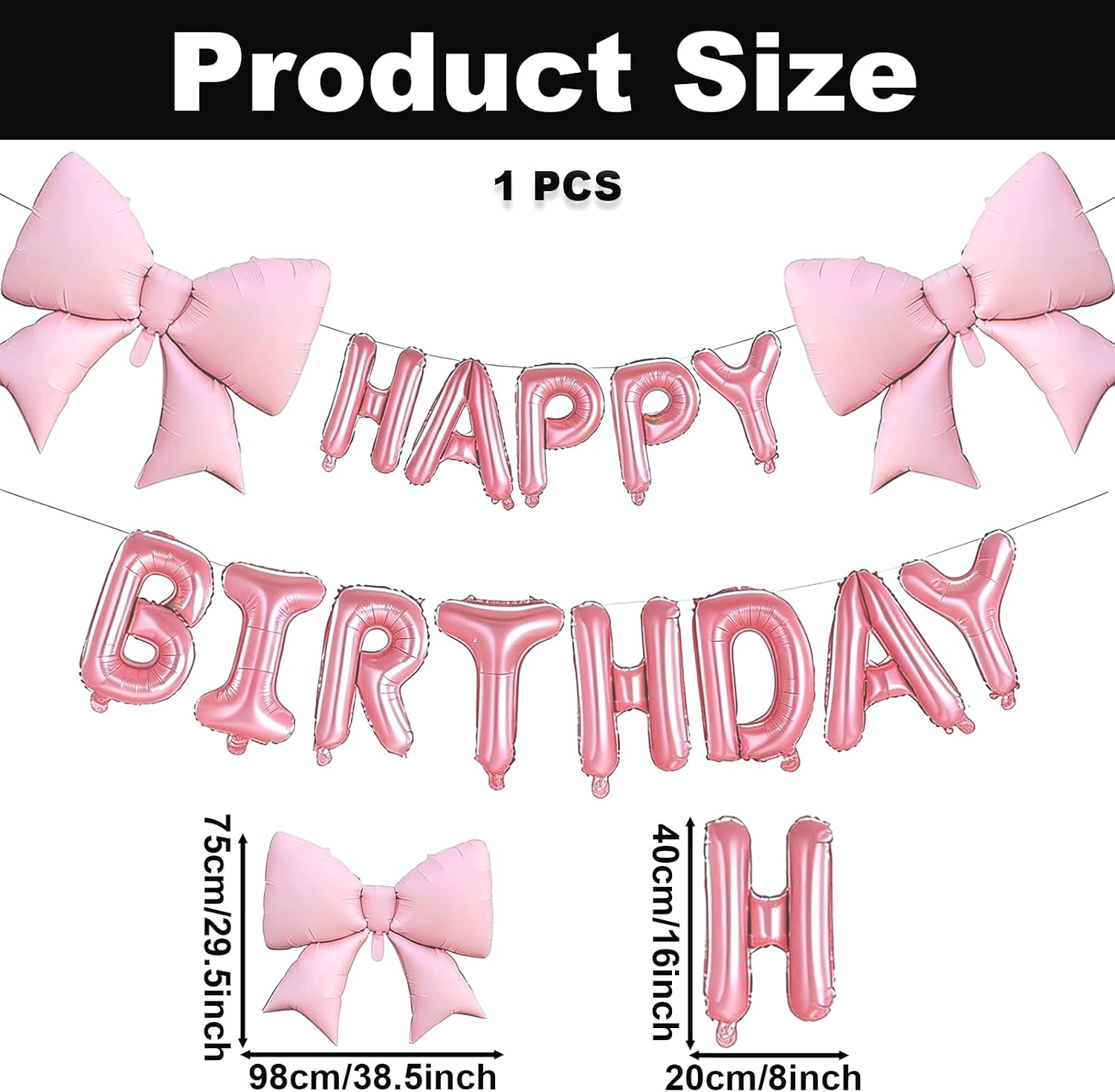 Pink Happy Birthday Balloon Set with 2 Large Pink Bow Foil Balloons, 39" Bow & 16" Happy Birthday Letter Balloons for Girl Woman Birthday Coquette Princess Party Decorations Supplies image 2