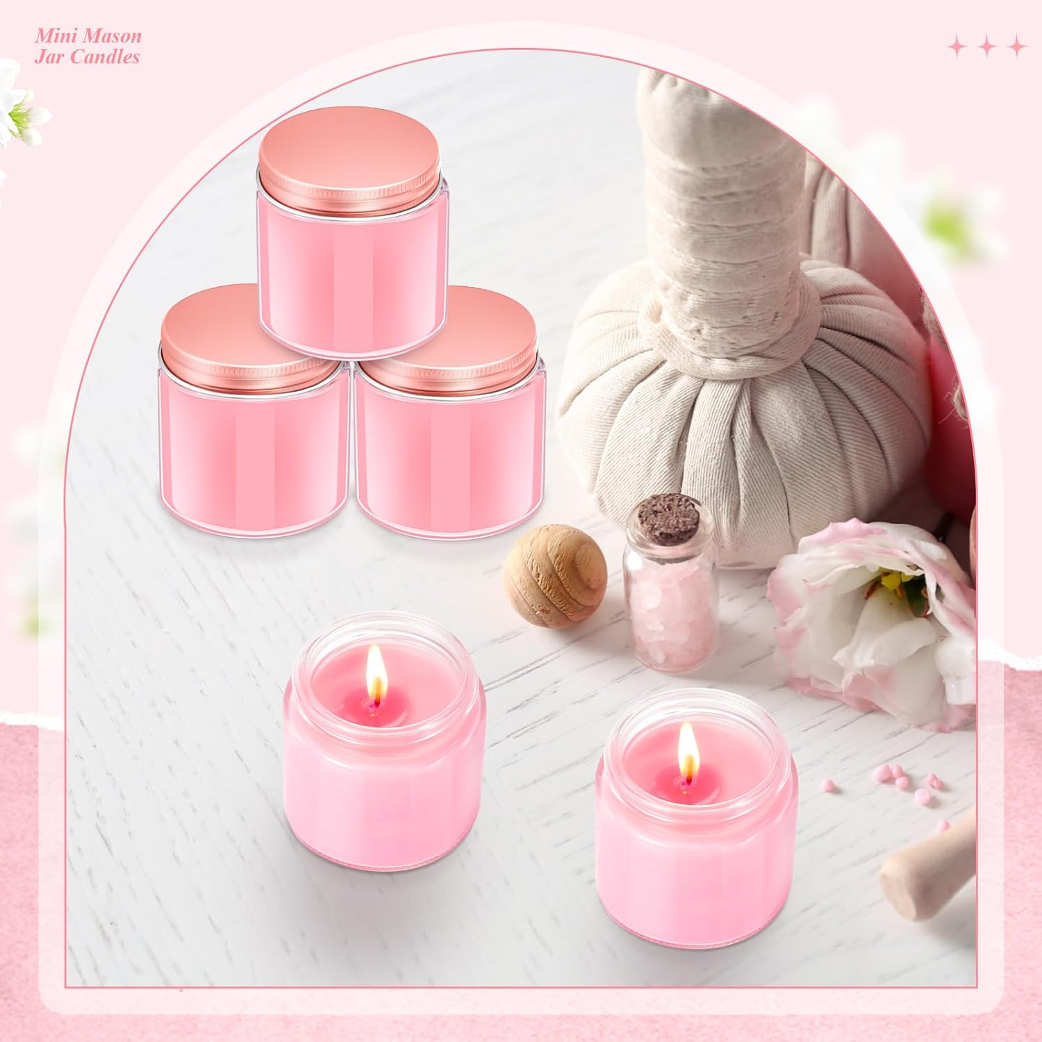 24 Pcs Mini Mason Jar Candles Bulk 4 oz Scented Wax Candles Gift Small Soy Scented with Lid Decoration for Wedding Birthday Baby Shower, Freesia, Jasmine, Lavender(Pink)