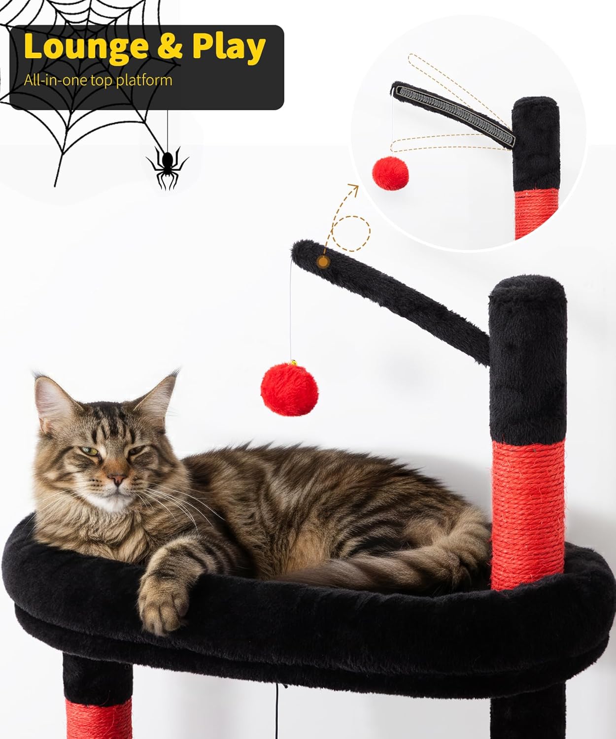 Heavy Duty Cat Tree for Indoor Cat, 74 Inch Cat Tower with Scratching Post, Hanging Basket, Cat Condo with Large Platform for Large Cats, PMT04RD, Black Red