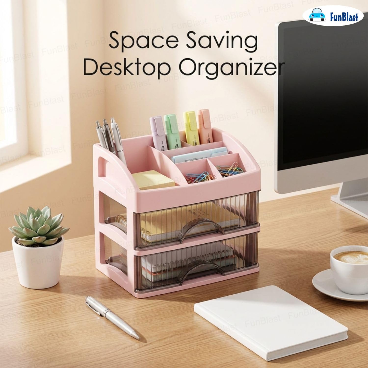 FunBlast Organizer da scrivania con cassetto, scomparto a 2 strati, organizer per trucchi, cancelleria, portapenne e portapenne, portapenne da tavolo, multifunzionale