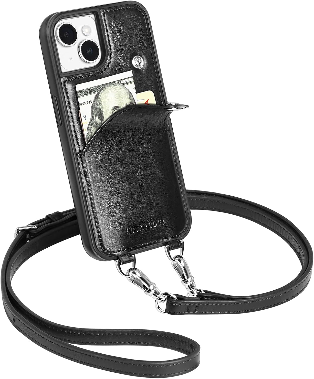 LUCKYCOIN for iPhone 13 Crossbody Wallet Purse Phone Case, Genuine Leather Phone Case for Women,for iPhone Purses with Expandable Card Holder & Adjustable Removable Crossbody Strap - Black