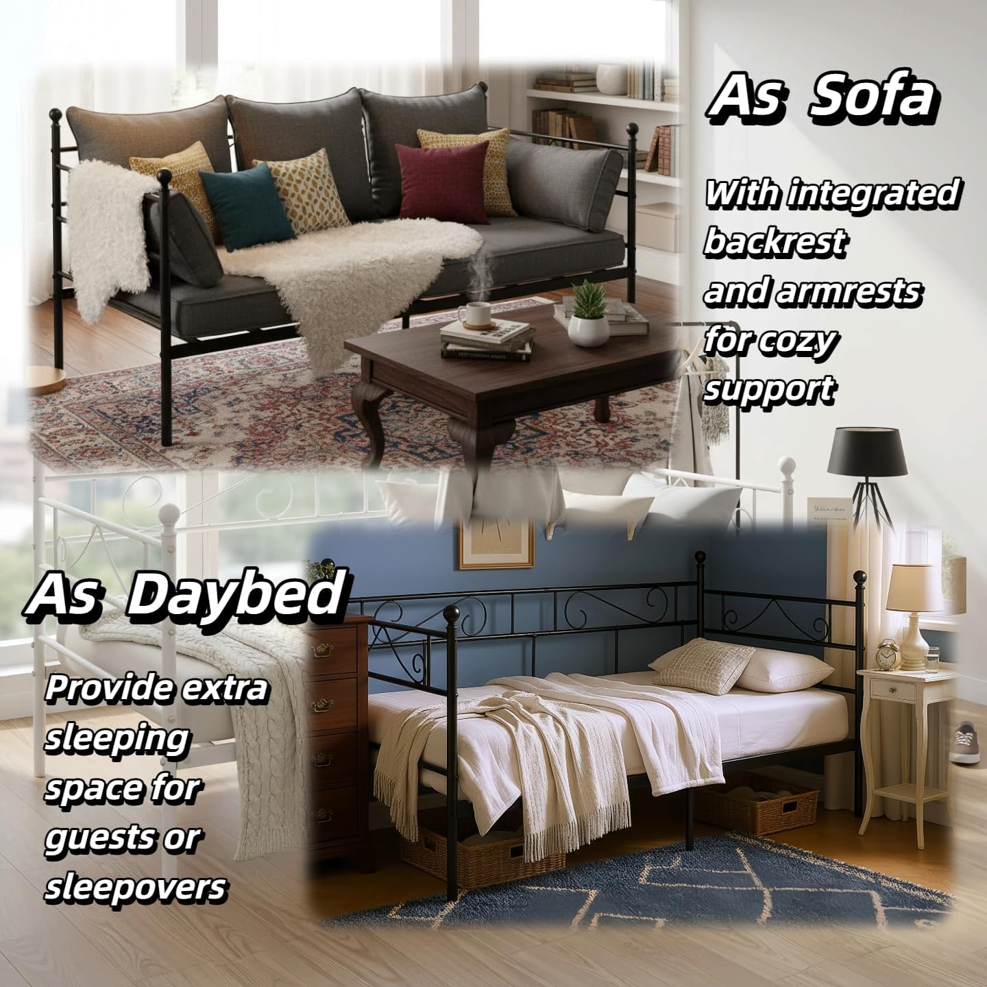 Tagesbett Metallbett Bettgestell 90x190 cm,Einzelbetten,Daybed mit edlen Mustern,Bett mit Stauraum,Gästebett Jugendbett Bettsofa für Schlafzimmer Wohnzimmer passend,Schwarz