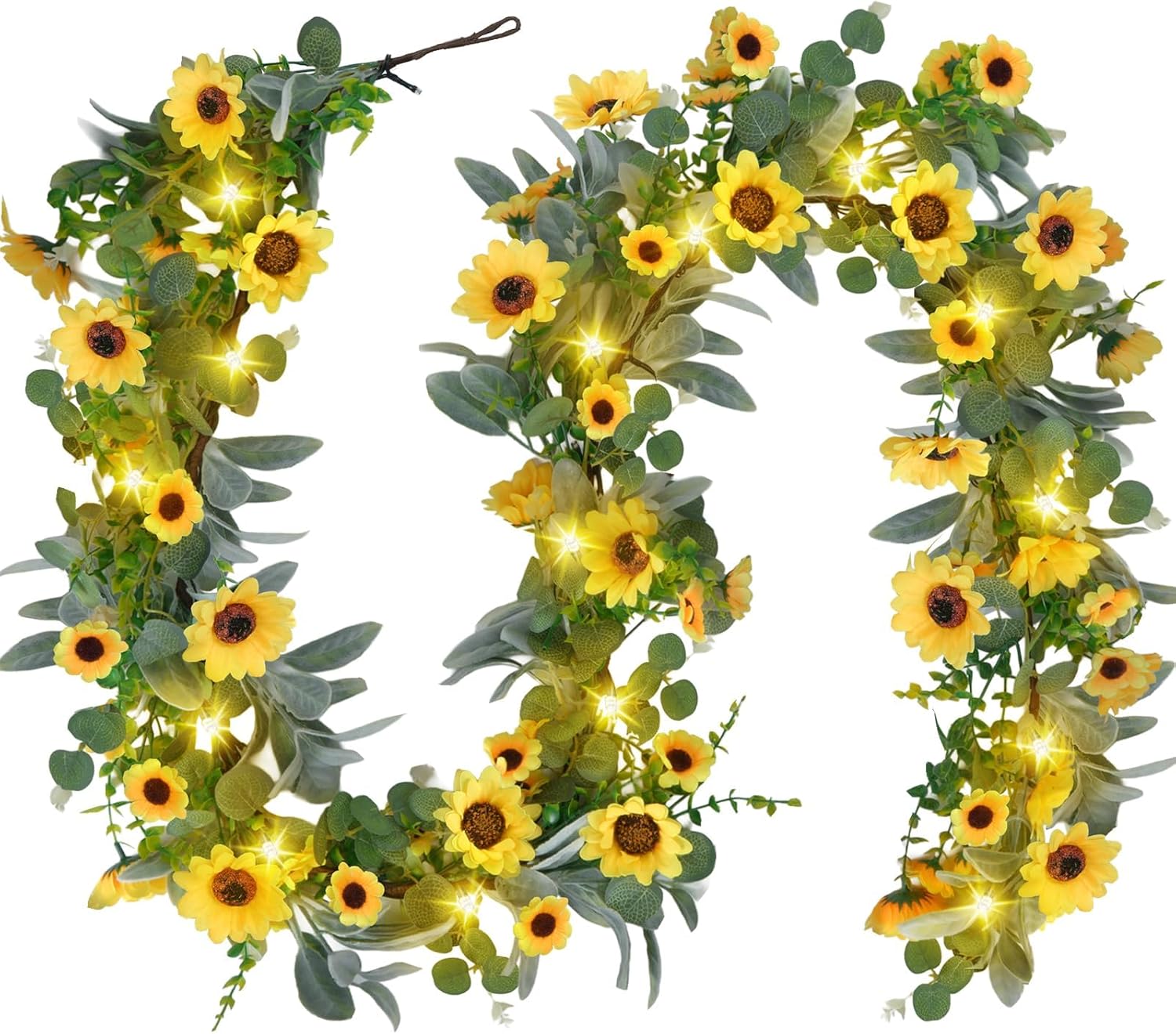 7.5FT Artificial Sunflower Garland with 30 Lights Silk Sunflower Vine Fake Flowers Garland Prelit Lights for Mantle Baby Shower Summer Wedding Arch Front Door Porch Staircase Decor (1 Pcs)