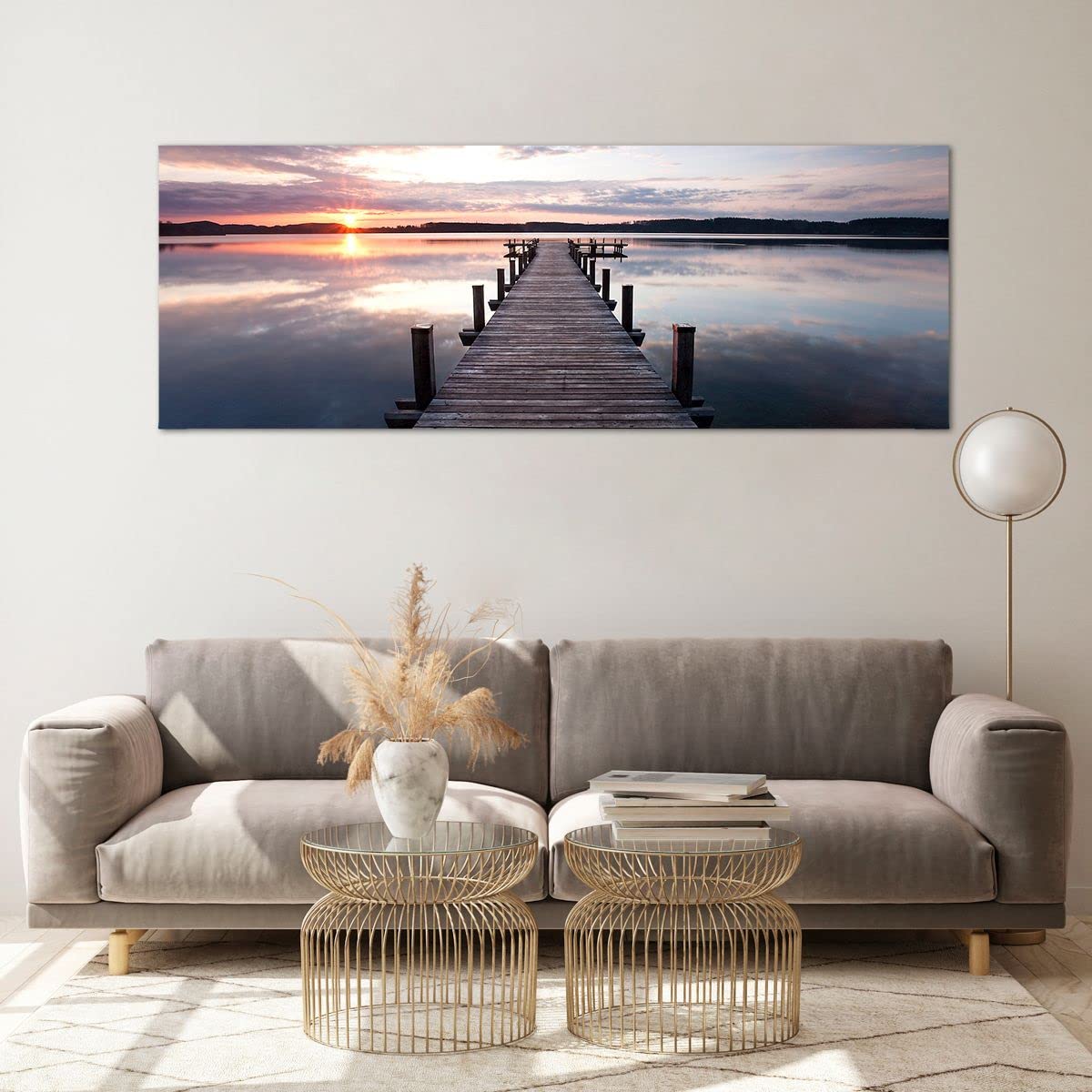 Moderne Impression sur Verre Passerelle Lac Coucher de soleil soir Image Tableau en Verre Decoration Murale 140x50cm Deco Salon Chambre Panoramique Grand XXL Tableaux Decoratifs Art GAB140x50-2635