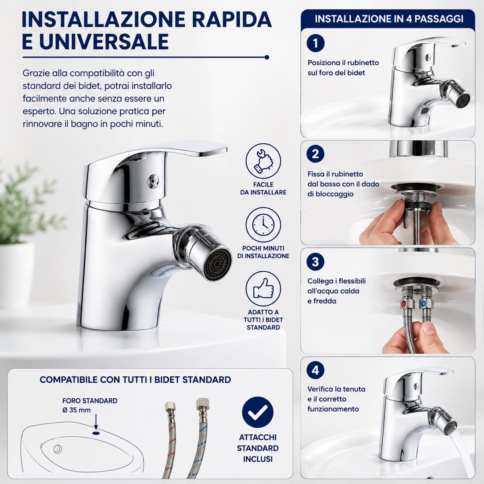 Rubinetto Monoforo Bidet Miscelatore Monocomando Bagno in Ottone Cromato | Design Moderno, Facile da Installare, Alta Resistenza, Finitura Elegante 52330A