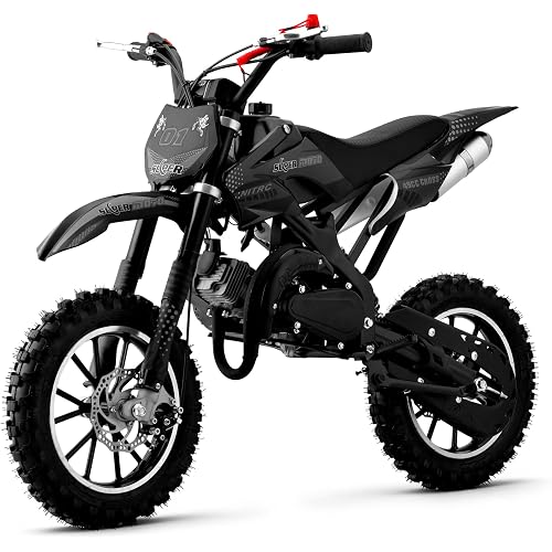 50cc Kids Dirt Bike, 2-Stroke Gas Dirt Bike for Kids 8-14 with Dual Disc Brakes, Easy Pull Start Mini Dirtbike Max Speed 40MPH, 10-Inche Off-Road Tire, Double Shock Absorption, Black