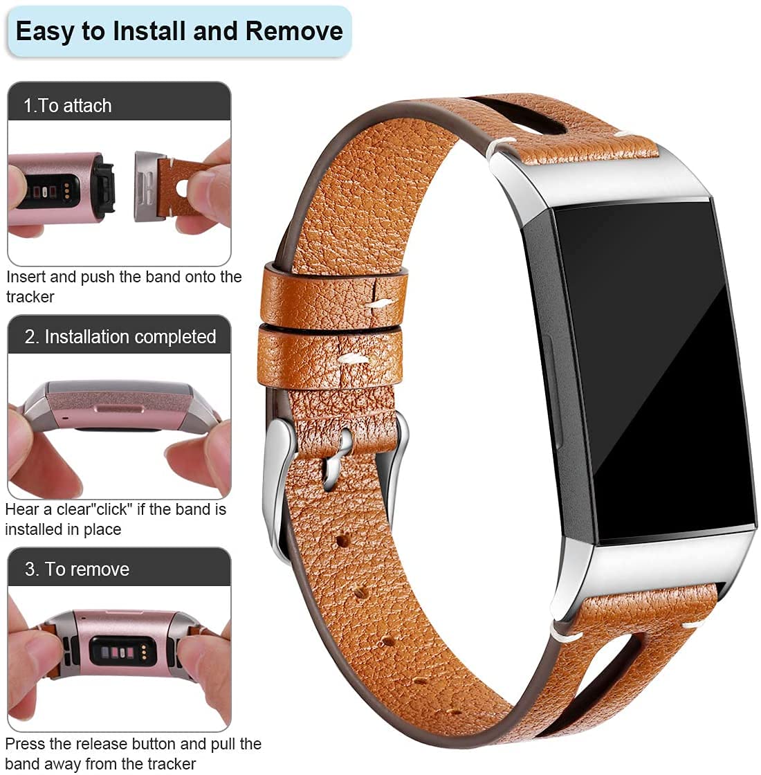 AISPORTS Leather Replacement Band For Fitbit Charge 3/4 – Classic Buckle, Soft & Breathable, Fits 5.5"-8.1" Wrists