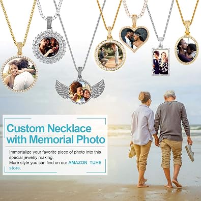TUHE Custom Picture Necklace Personalized Photo Pendant 18K Gold Plated Customized Engraved Memory Necklaces Round Circle Rip Medallion Picture Chains For Men Women- Birthday Gifts