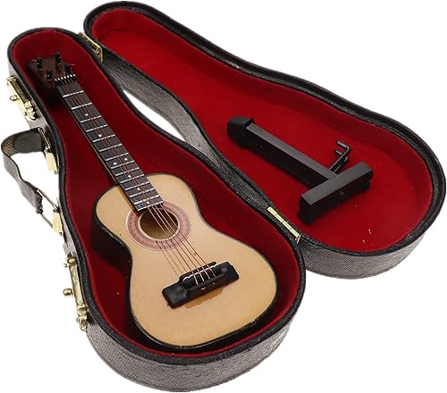 Miniatura 9 de Ukelele miniatura de madera con soporte y estuche, mini instrumento musical, réplica de ukelele, figuras coleccionables, modelo de decoración