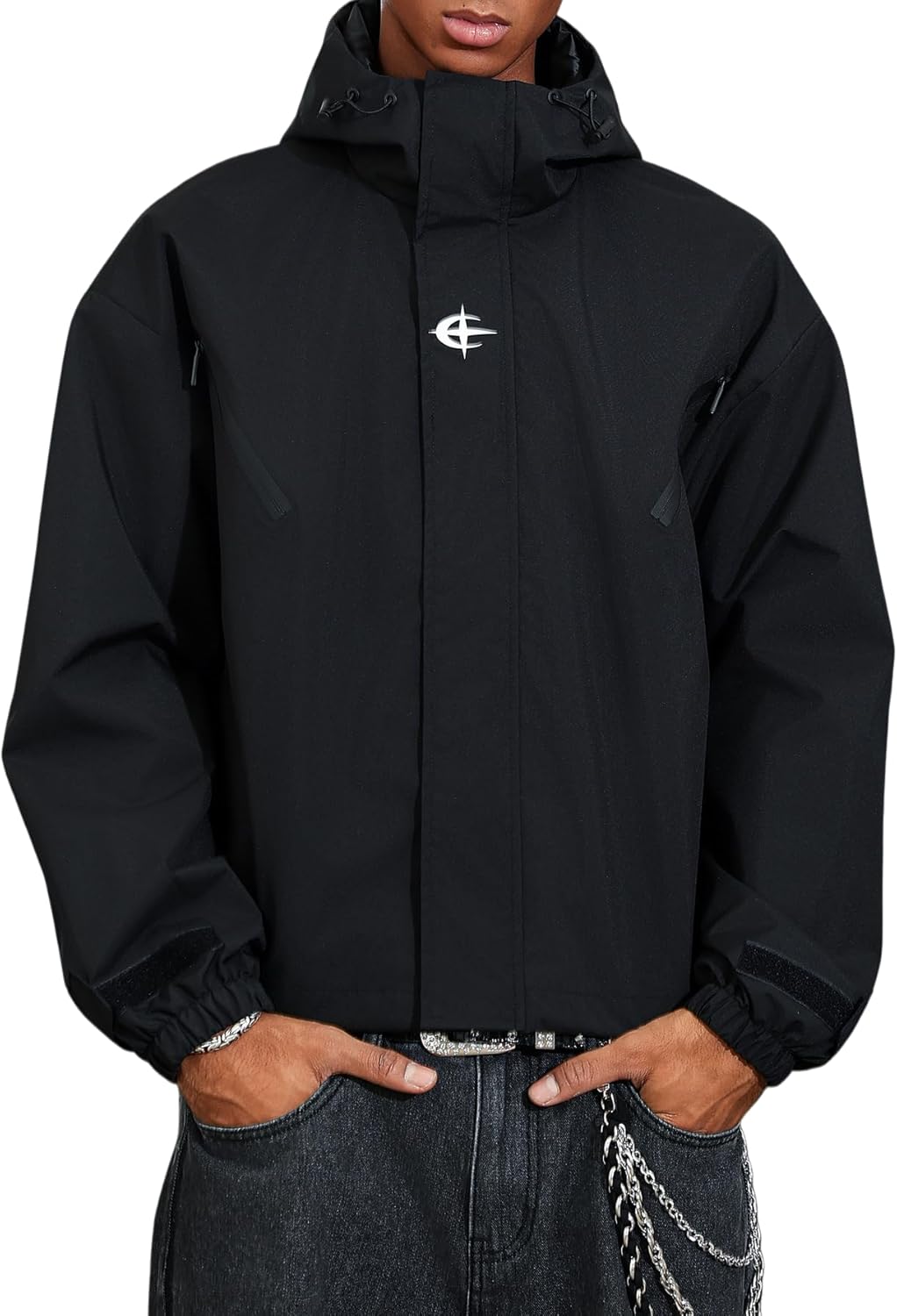 Men's Cross Sportswear Black Hooded Windbreaker Jacket Waterproof Collared Jacket Flight Jacket With Pockets