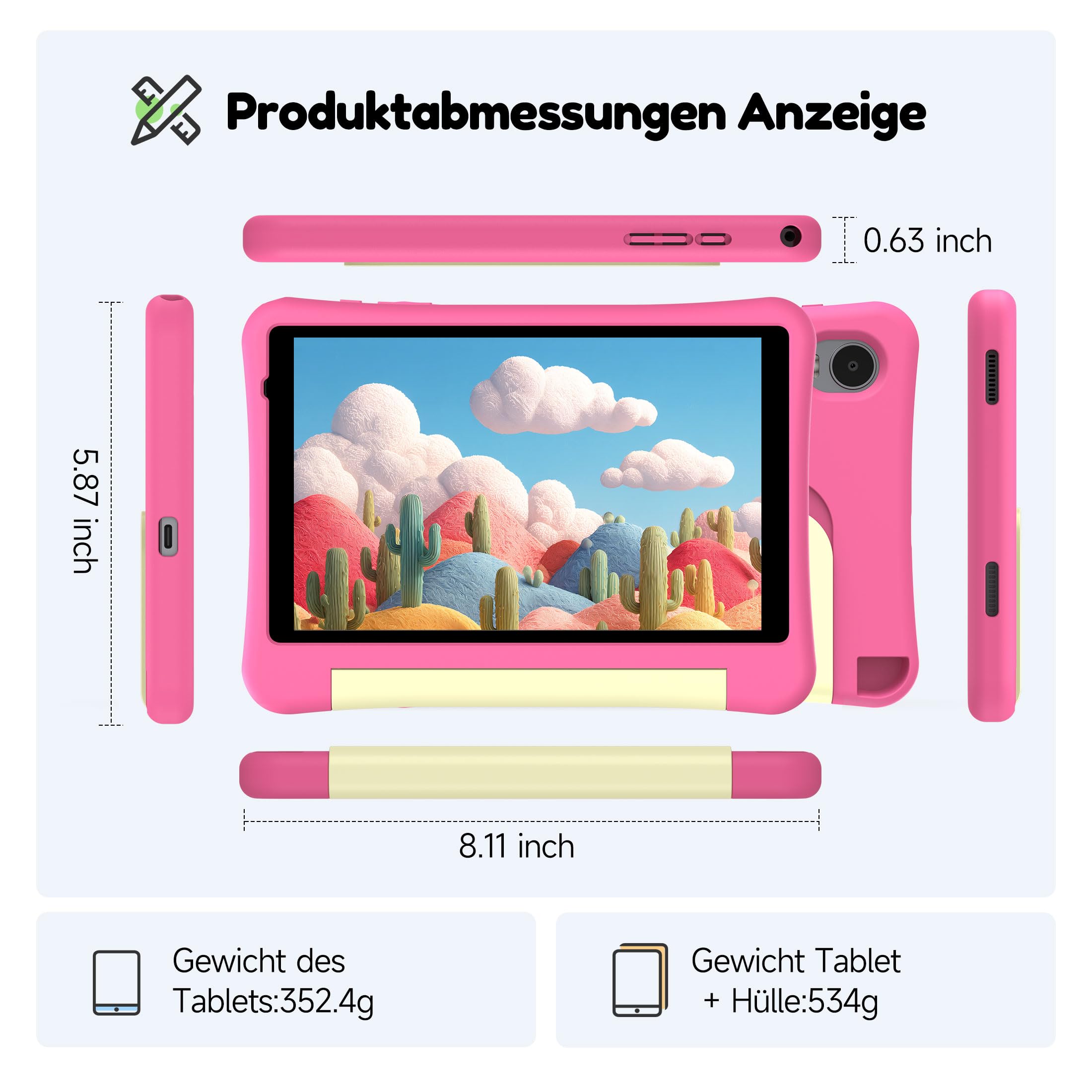 ALLDOCUBE KIDO Kinder Tablet 8 Zoll Android 15 Go, 32GB ROM + 512GB TF-Karte, Kindersicherung, iWawa, 5G WLAN, Unisoc T310, 5000mAh, 2 Lautsprecher, 3,5mm Buchse, Kinder Tablet mit Schutzhülle – Rosa