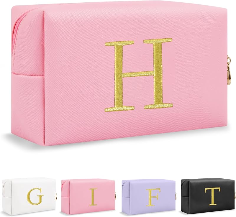 Necessaire de maquiagem personalizada UIXIZQ com inicial bordada em dourado, rosa H