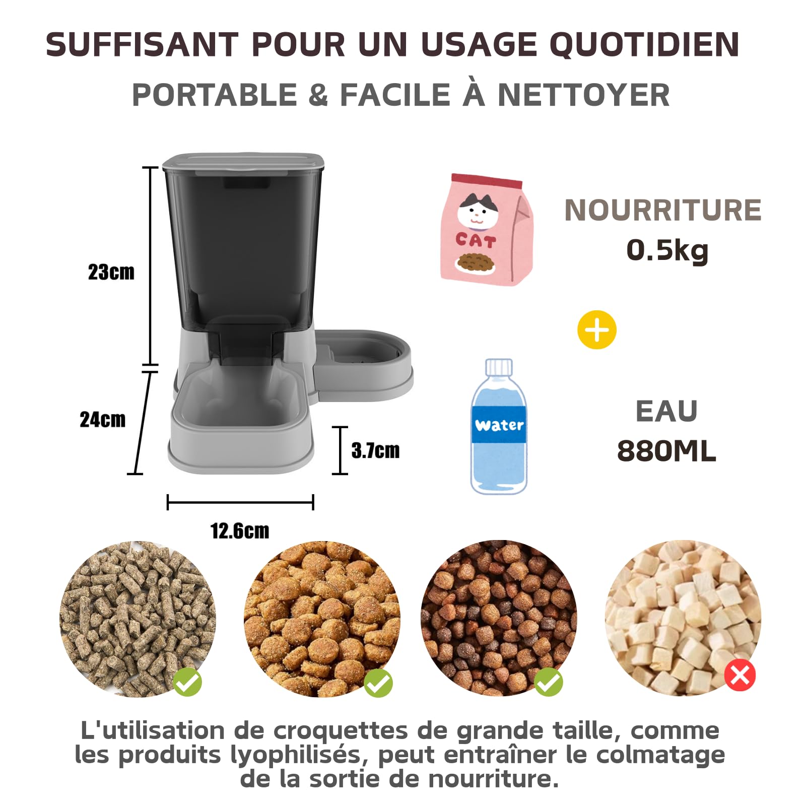 Distributeur Automatique de Nourriture pour Chats, Distributeur d'eau et d'alimentation par gravité Amovible 2 en 1 pour Chats et Petits Chiens (Gris)