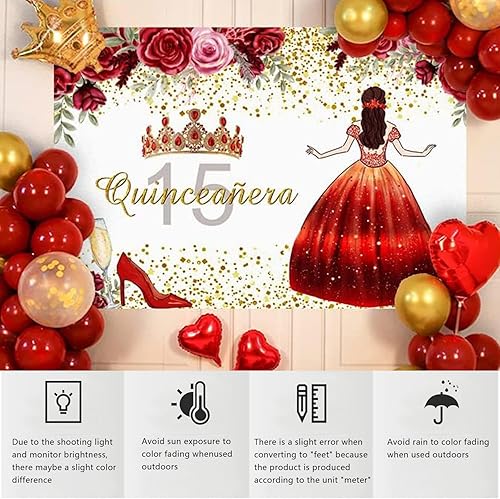 Miniatura 6 de YongFoto Telón de fondo de quinceañera de 15 cumpleaños de quinceañera de 7 x 5 pies, corona floral roja, fondo de cumpleaños de princesa para
