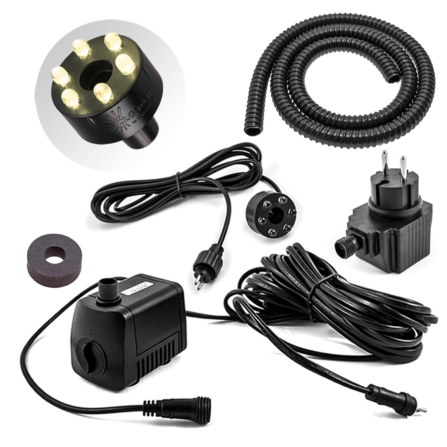 CLGarden Springbrunnenpumpe Set SP1-S mit warmweißer LED Beleuchtung Schlauch Dichtung für Springbrunnen Garten Wasserspiel Zierbrunnen Quellstein Pumpe außen 12V AC 500 l/h