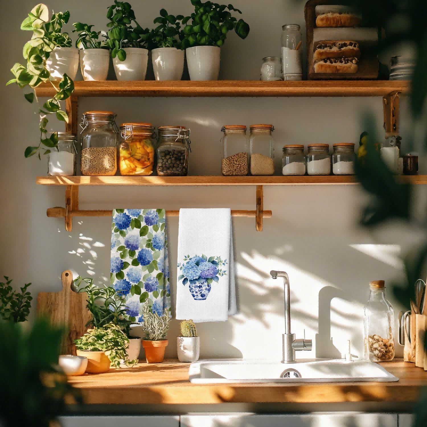 Blue Hydrangea Floral Kitchen Dish Towels, Chinoiserie Grandmillennial Flower Botanical Decorative Hand Tea Towels for Bathroom Kitchen, 16x24 Inches Set of 2 - Image 4